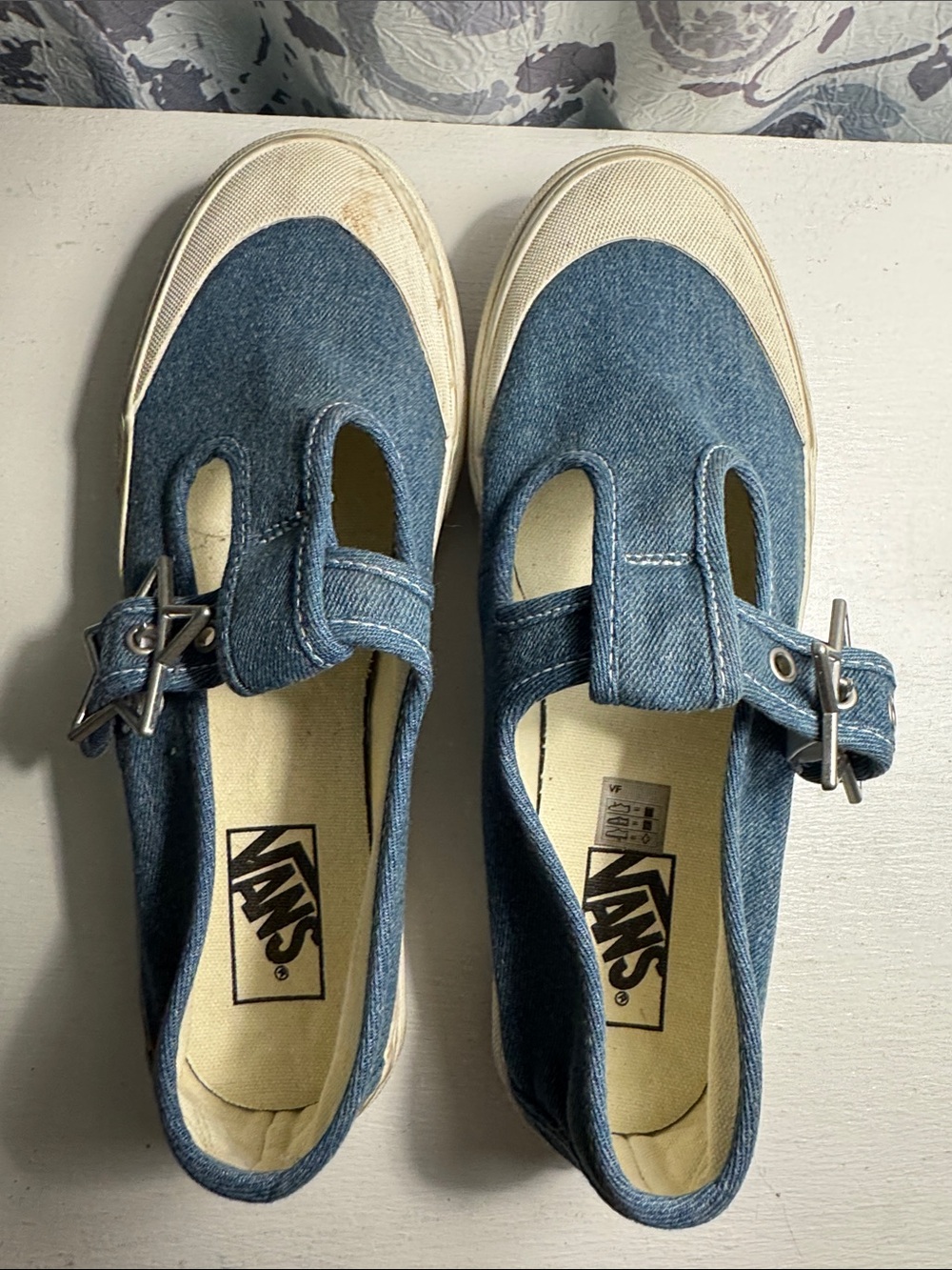 Vans Denim T-Strap Women’s Sneakers with Star Buckles - Blue and White - Picture 5 of 5